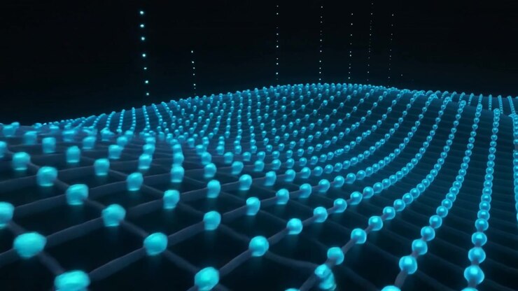 Data pulse driving glowing cyan node lattice forming traveling wave across void, showing data flow