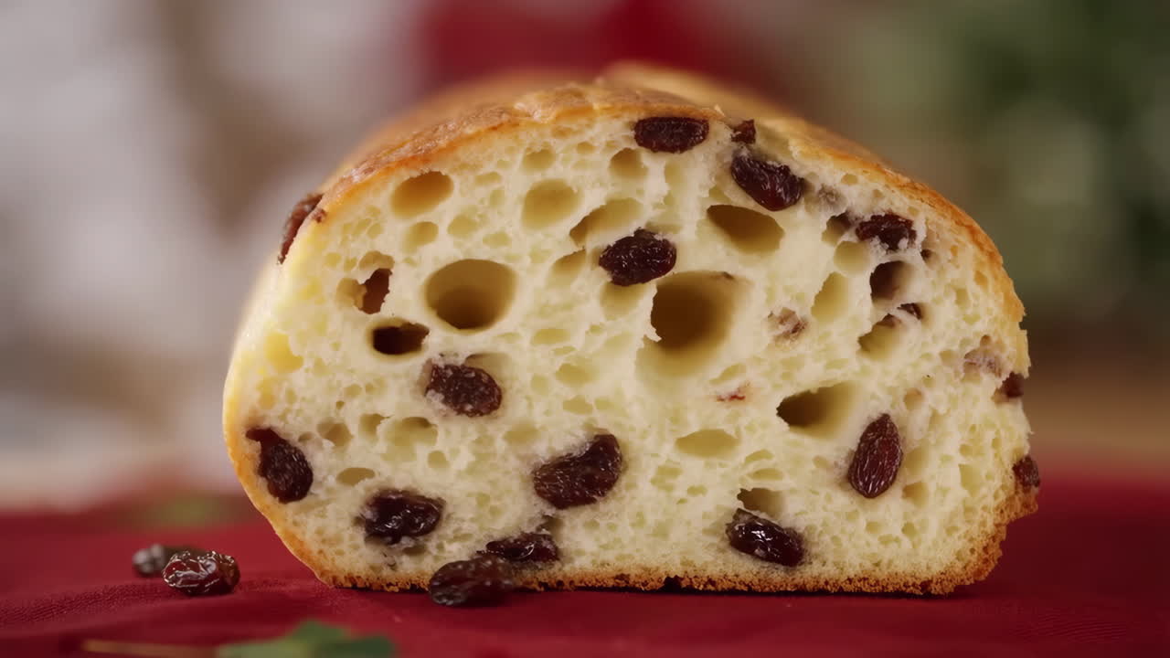 Primo piano fetta di pane all'uvetta, mollica ariosa, crosta dorata, uvetta sparsa su panno rosso, caldo bokeh da panificio.