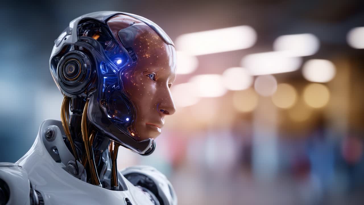 Futuristic Android Robot with Advanced Technology Displaying Intricate Inner Workings and Luminous Features in a Softly Lit Environment