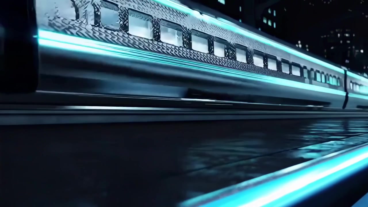 Futuristic High-Speed Train with Blue Glowing Tracks in a Night City