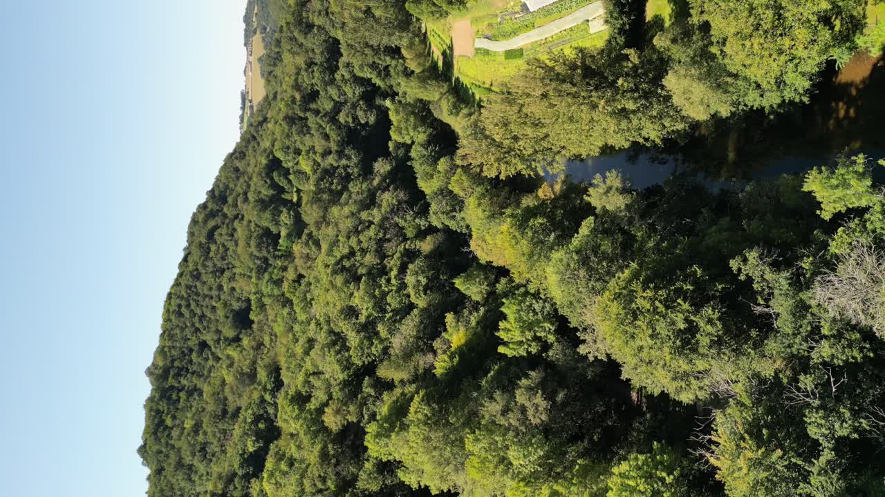 Drone aerial view in France countryside flying over a green valley with a small river, green trees on a sunny day in Belcastel vertical view