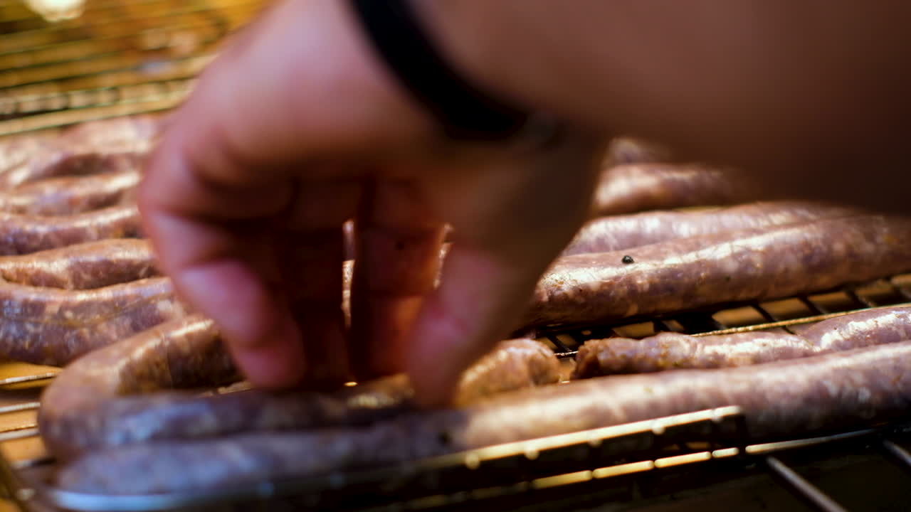 Placing traditional farmer's sausage on the grid, ready to barbecue
