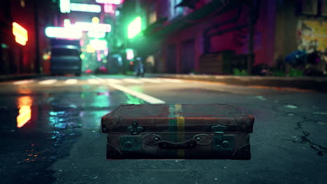 vintage suitcase on a wet city street at night