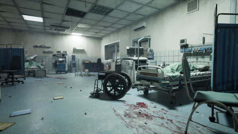 habitación de hospital abandonada y destruida con camas vacías y escombros esparcidos
