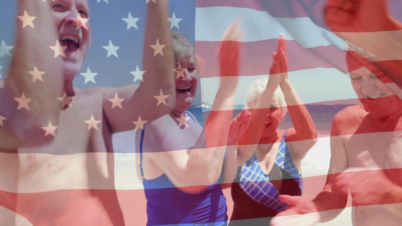 여름에 해변에 있는 백인 고위 친구들 위에 있는 미국 발의 애니메이션