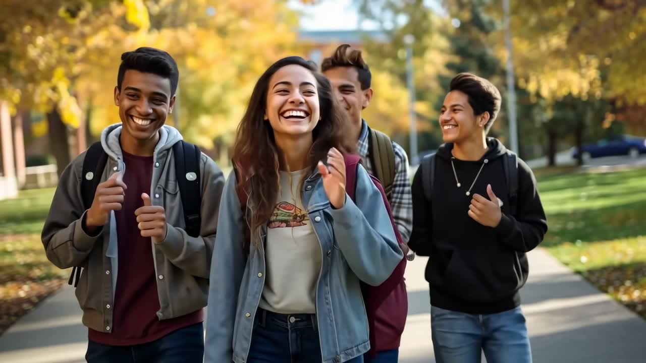 A lively video captures four friends walking and laughing in a park