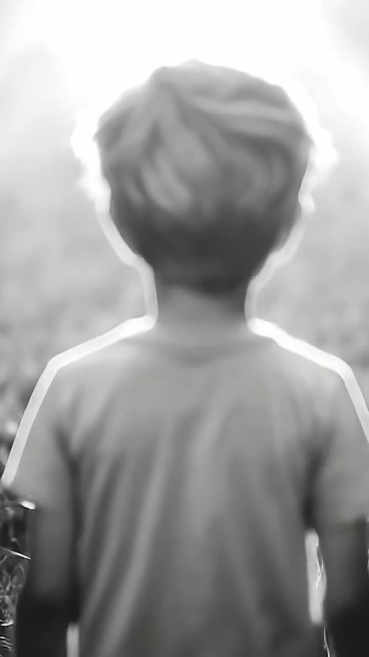 Boy gazing at sun in grassy field. A young boy stands in a grassy field, looking towards the bright sun shining above during a serene afternoon.