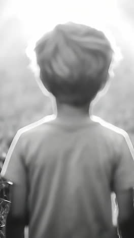 boy gazing at sun in grassy field. a young boy stands in a grassy field, looking towards the bright sun shining above during a serene afternoon.