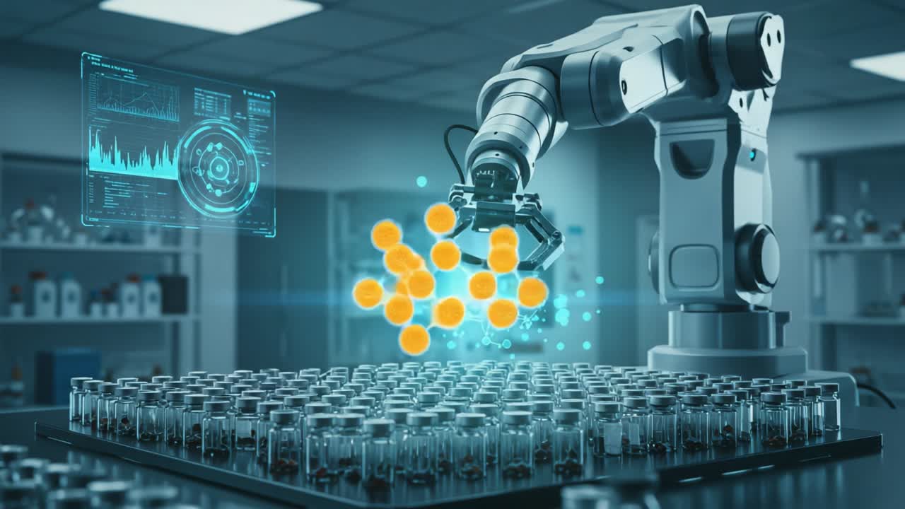Advanced Robotic Arm Manipulating Chemical Vials and Displaying Molecular Structures in a High-Tech Laboratory Environment