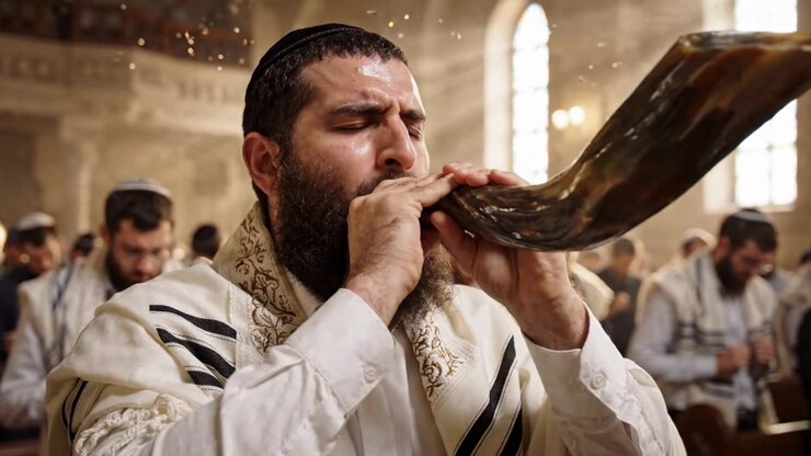 Uomo ebreo che suona lo shofar durante la preghiera della festività di Rosh Hashanah.