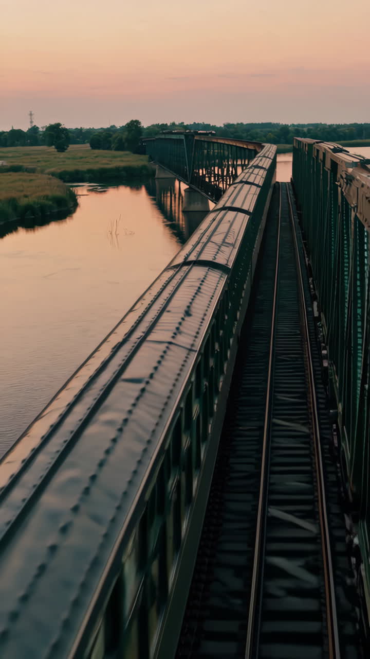Train crossing a bridge over a river at sunset