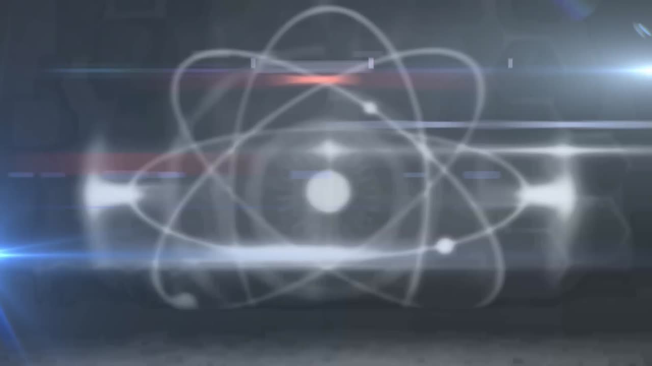 animación digital de la estructura molecular flotando contra un punto de luces en un fondo gris