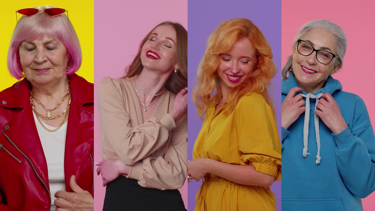 retrato vertical de pantalla múltiple de adultos jóvenes y mujeres mayores alegres sonriendo, mirando a la cámara