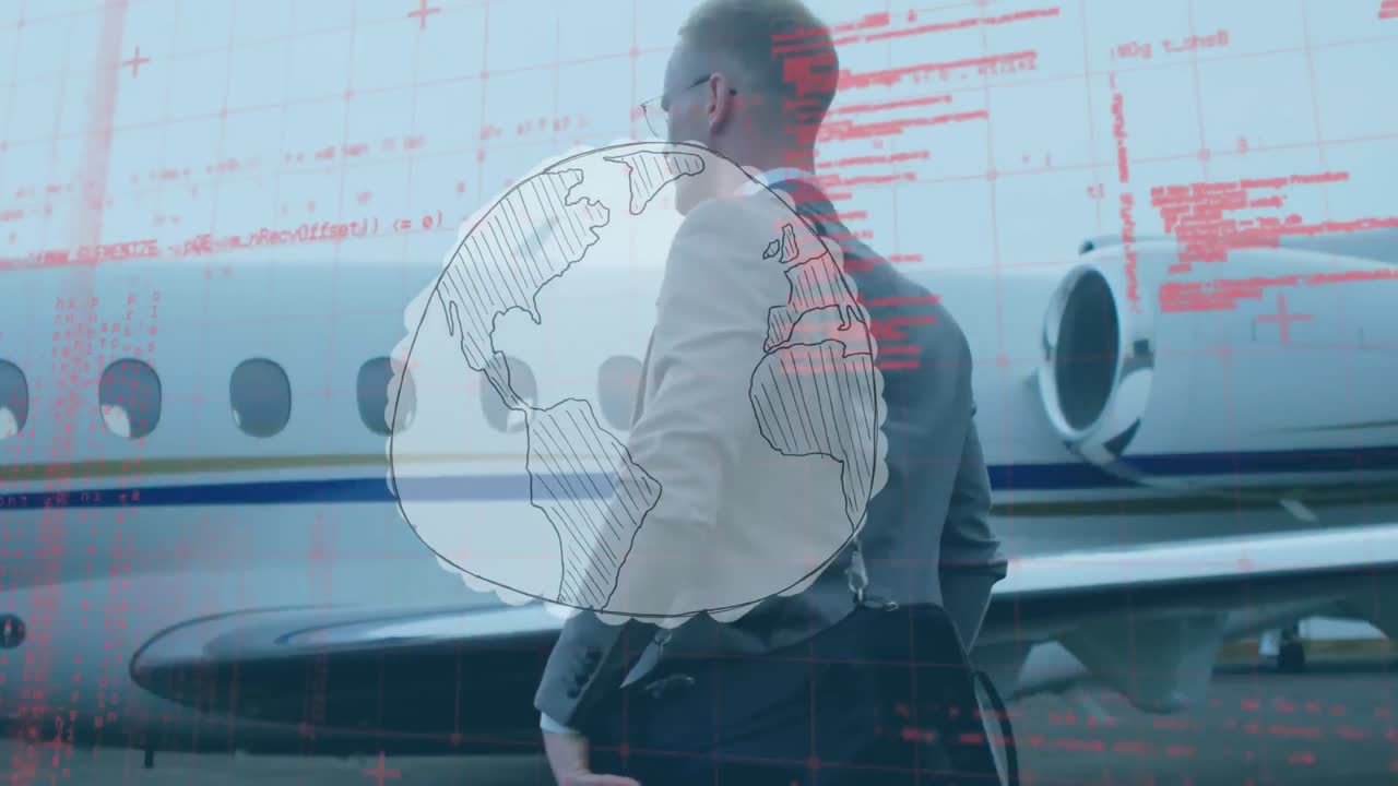 공항 활주로를  ⁇ 고 있는 백인 사업가에 대한 회전 지구와 데이터 처리