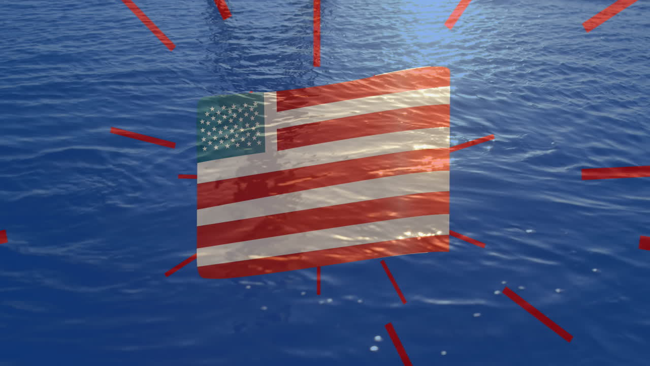 Animation af amerikansk flag og røde striber over blåt hav.