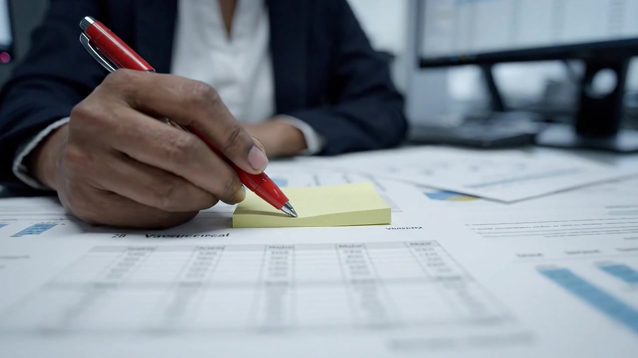 Focused Professional Analyzing Data with Charts and Sticky Notes in a Modern Office Environment - Office Worker Engaged in Detailed Planning and Analysis