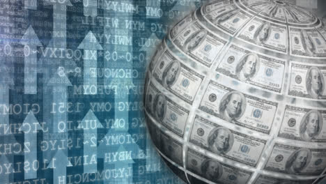 animation of a globe made of us dollar bills spinning over data and information