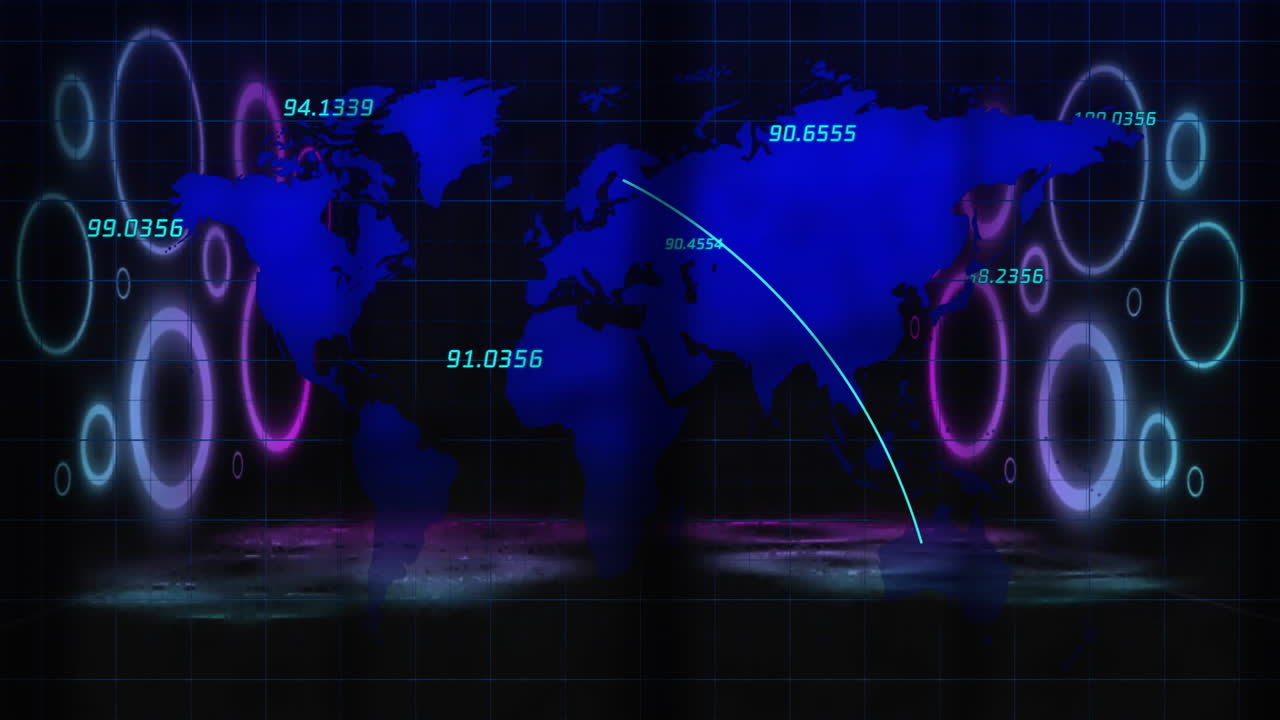 Visualizzazione di una silhouette blu di una mappa del mondo su un'interfaccia a griglia, con anelli al neon e etichette fluttuanti