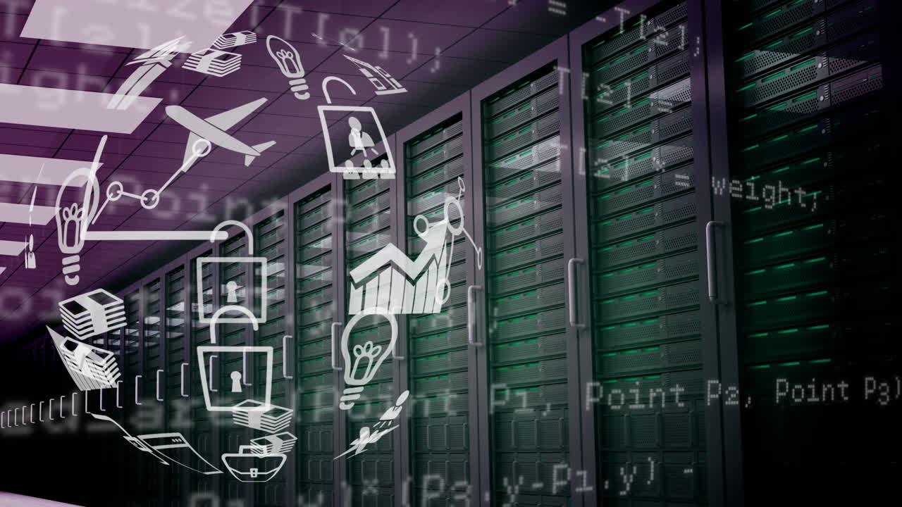 Animation of data processing and media icons over server room