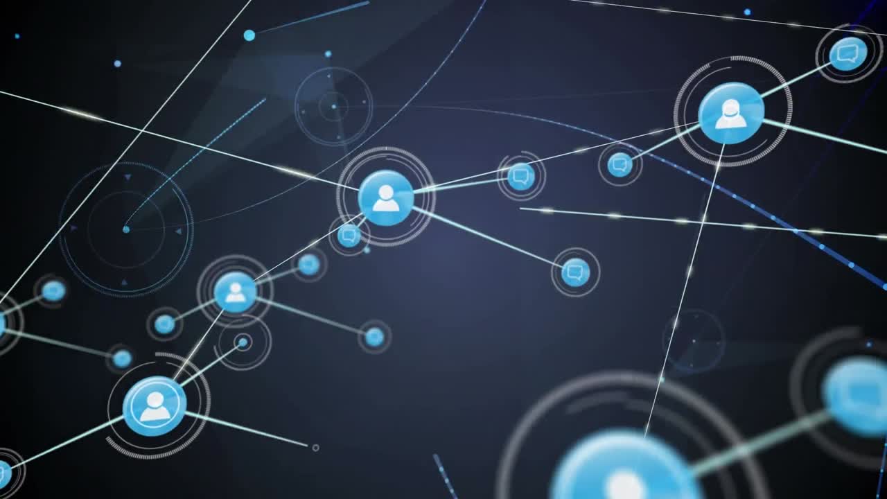 animación de iconos de perfil que conectan puntos, círculos con luz azul brillante en la interfaz digital