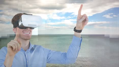 man using vr and fields in countryside