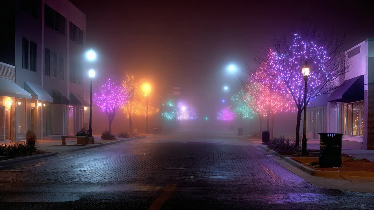 A Serene, Foggy Evening Streetscape Adorned with Colorful Lights from Trees and Streetlamps, Creating a Dreamlike Atmosphere in an Empty Urban Setting