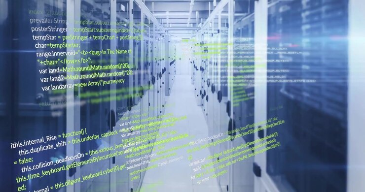 On activation code lines scrolling across server corridor intensifying to show active computing