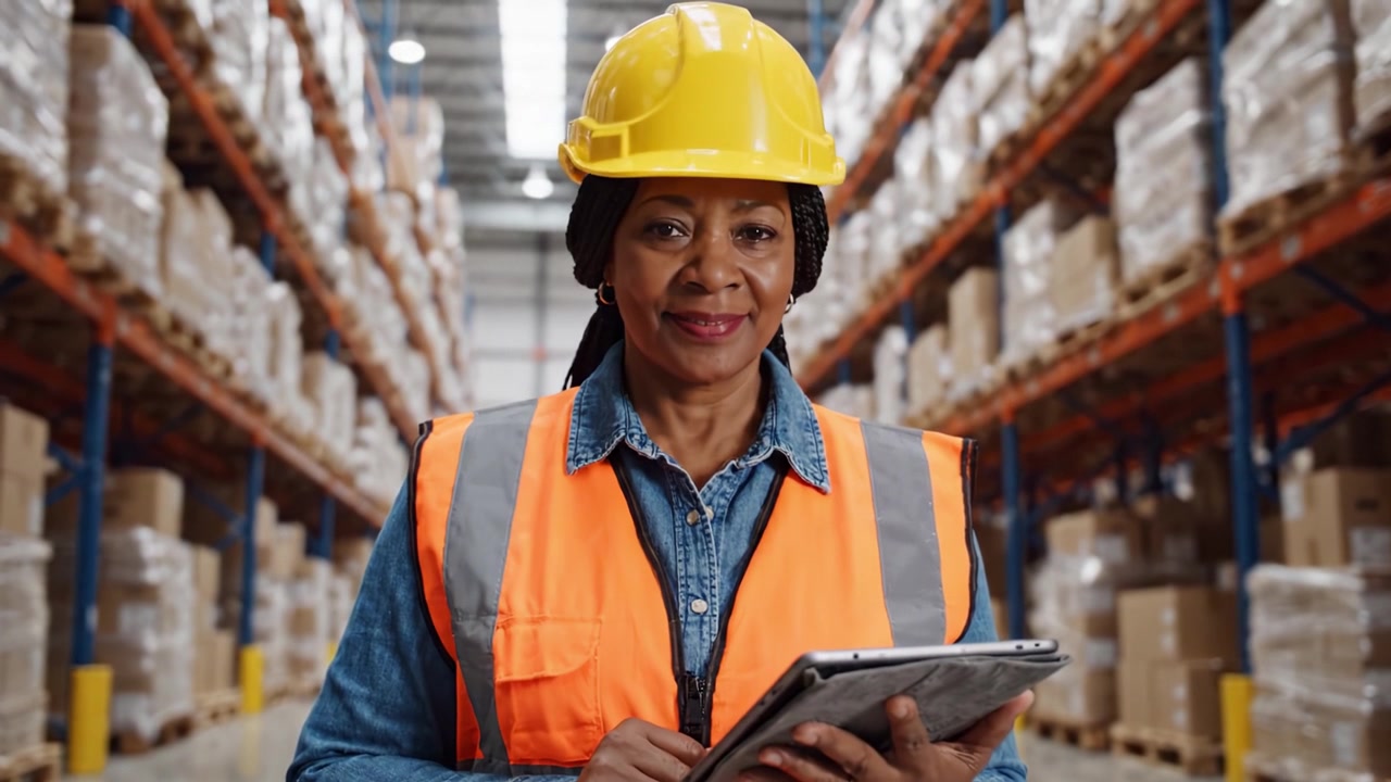 Responsabile di magazzino che supervisiona le operazioni con un tablet in mano, pienamente consapevole e organizzato in un centro di distribuzione ben fornito per una gestione logistica efficiente.