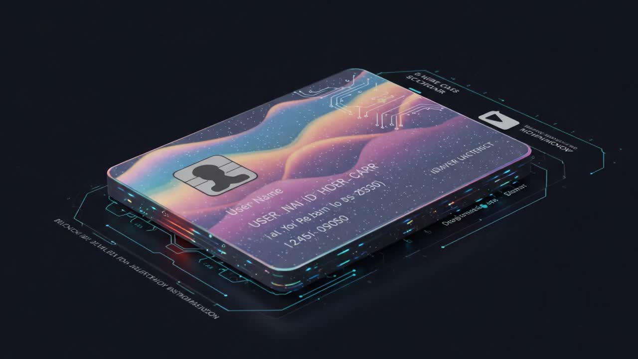 Futuristic Identification Card with Unique Design Features and Digital Display Elements, Showcasing Personal Information Interaction and Security Aspects