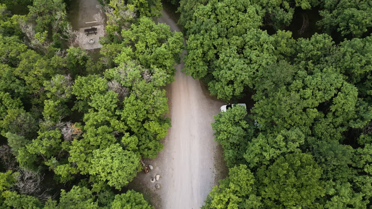 vista aérea ascendente de un camino de tierra con un coche estacionado en un bosque exuberante, ee.uu.