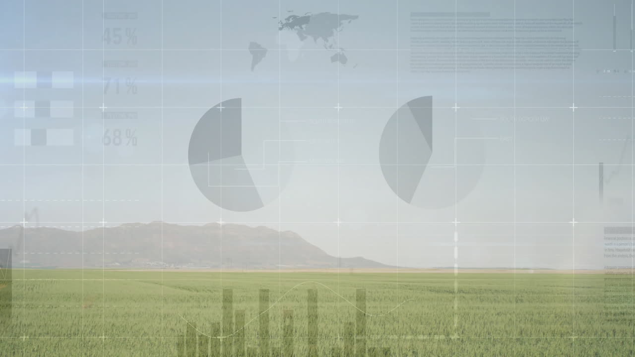 Graphs and charts animation over green field with mountain in background