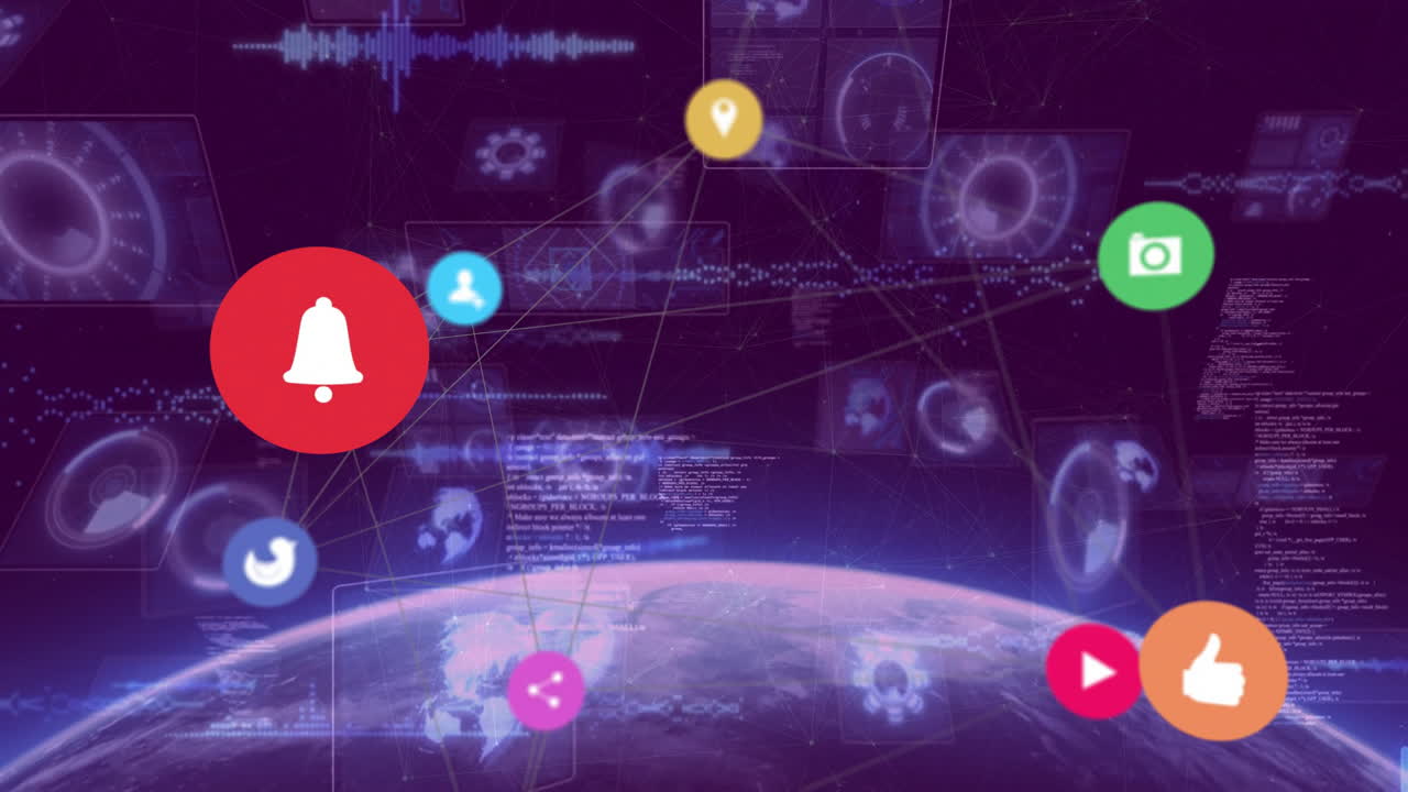 Animation of digital notifications and icons overlaying network above Earth