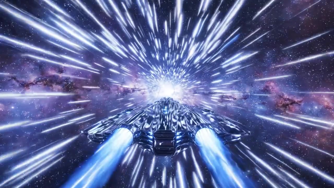 Un'astronave futuristica sfreccia attraverso il cosmo: testimonia l'impressionante velocità di fuga che la spinge nel cuore di una galassia stellata piena di meraviglie.