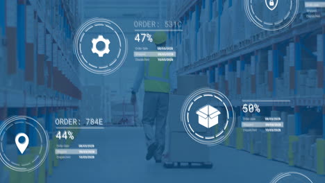 animation of data processing and media icons over caucasian male worker walking in warehouse