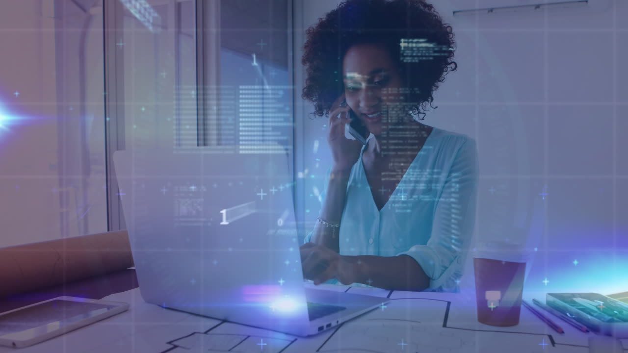 Animation of binary codes, programming language, graphs, african american woman talking on cellphone