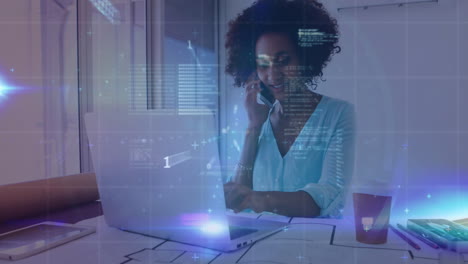 animation of binary codes, programming language, graphs, african american woman talking on cellphone