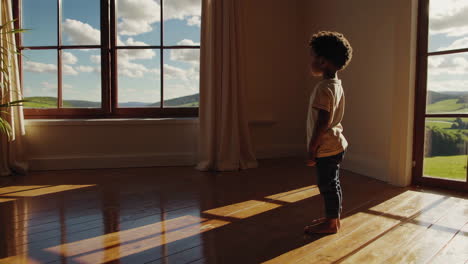 child looking out a window at a scenic view.