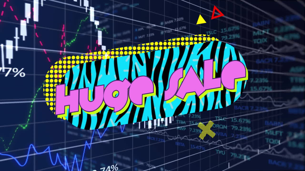 Pop-art huge sale graphic floating over financial data grid, featuring zebra oval, charts, shapes