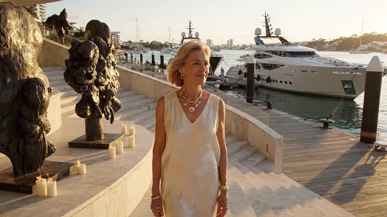 Donna elegante in uno splendido abito bianco che cammina accanto a yacht di lusso all'ora d'oro, circondata da sculture uniche, catturando un'atmosfera abbagliante e serenità.