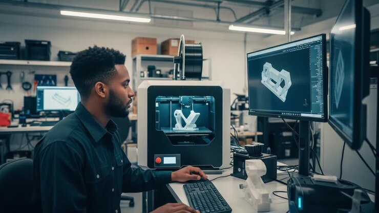 An Innovative Engineer Utilizing 3D Printing Technology to Design and Create a Complex Prototype in a Modern Workshop Environment