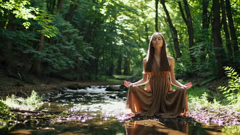 woman meditating in a serene forest stream