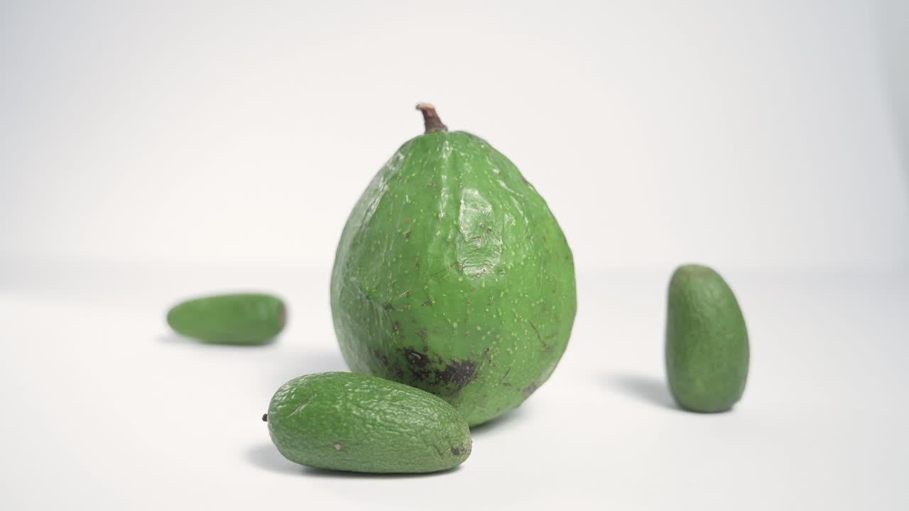 Avocado verdi maturi interi che cadono al rallentatore su uno sfondo bianco isolato.
