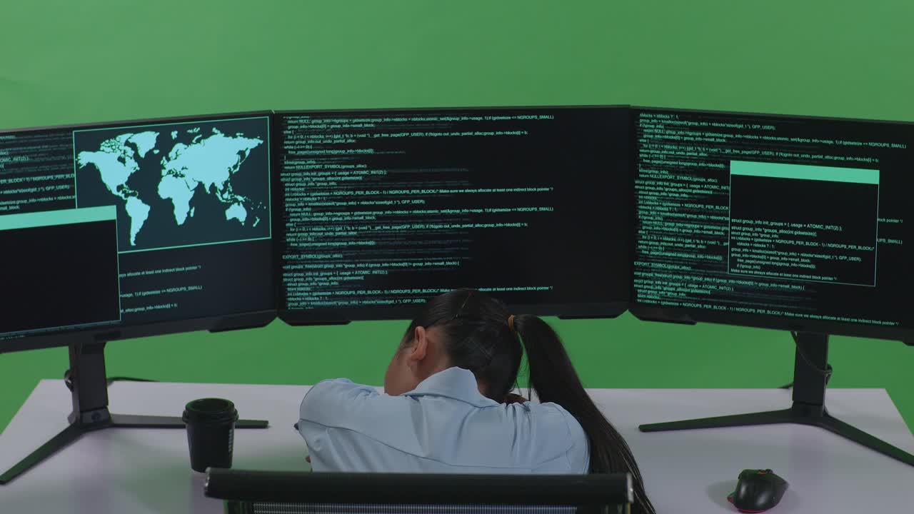 Back View Of Tired Asian Woman Developer Sleeping While Write Code With Multiple Computer Screens In Green Screen Studio