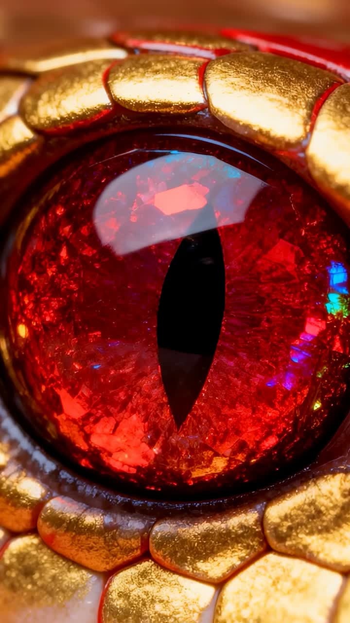 Video verticale: luce mutevole che rivela un occhio di vetro rosso in una macro da studio, rivelando una ghiera con scaglie dorate
