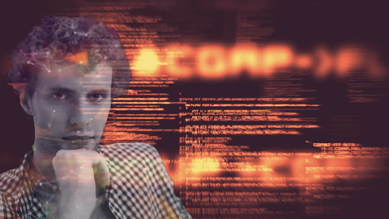 animación del retrato de un hombre sobre el procesamiento de datos brillante naranja