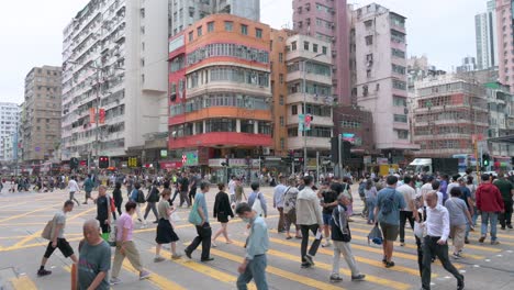 crowds of people cross a busy intersection in hong kong