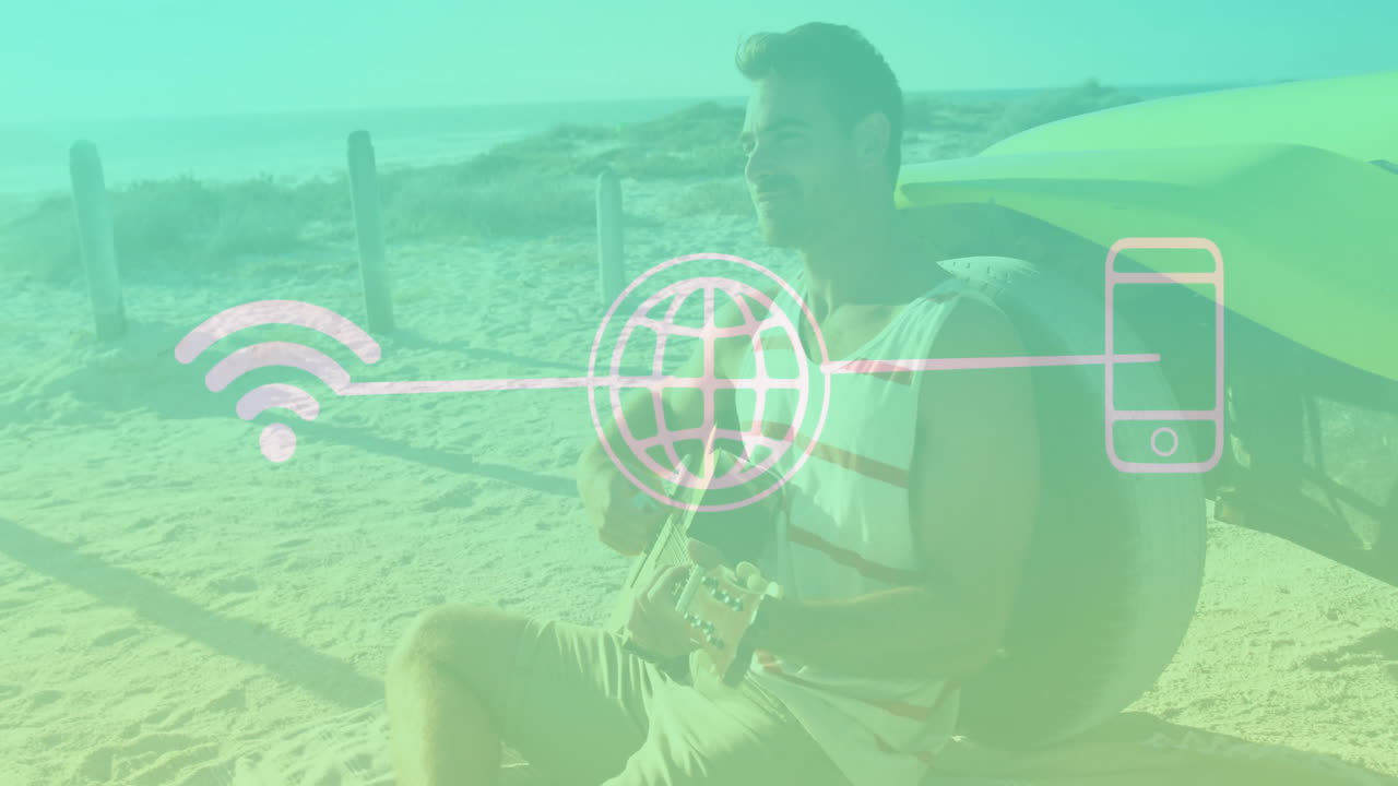 Playing guitar on beach, man surrounded by digital connectivity icons animation