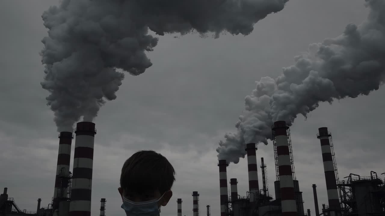 Una scena video drammatica da un angolo basso mostra un bambino con una maschera di fronte a ciminiere torreggianti che emettono fumo