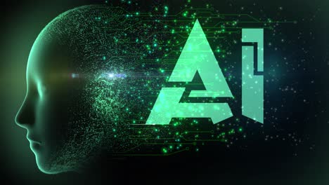 high quality animated graphical concept design depicting emerging articial intelligence technology with firing neurons in circuitry and flowing particles from ai brain, in teal color scheme