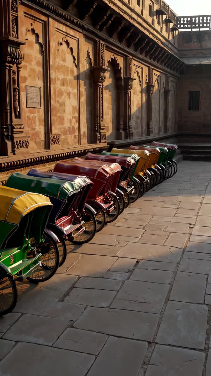 Colorful Rickshaws lined up against a historical building in India